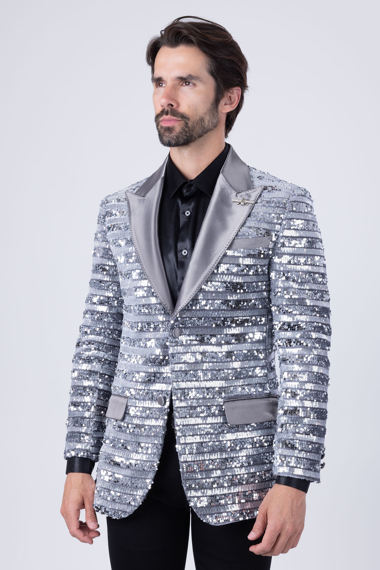 Barabas Men's Shiny Sequin Pattern Long Sleeve Blazer 4BL42 Silver