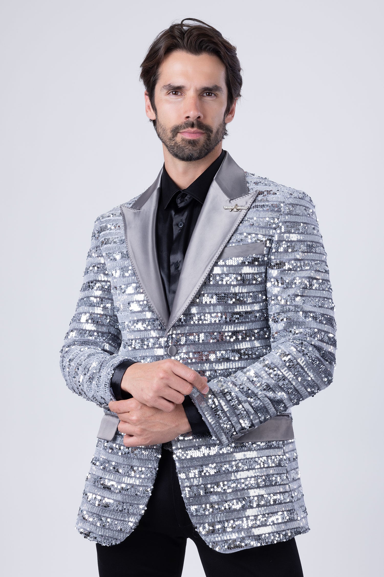 Barabas Men's Shiny Sequin Pattern Long Sleeve Blazer 4BL42 Silver