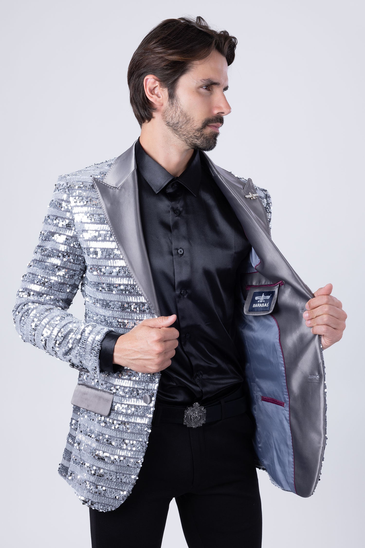 Barabas Men's Shiny Sequin Pattern Long Sleeve Blazer 4BL42 Silver