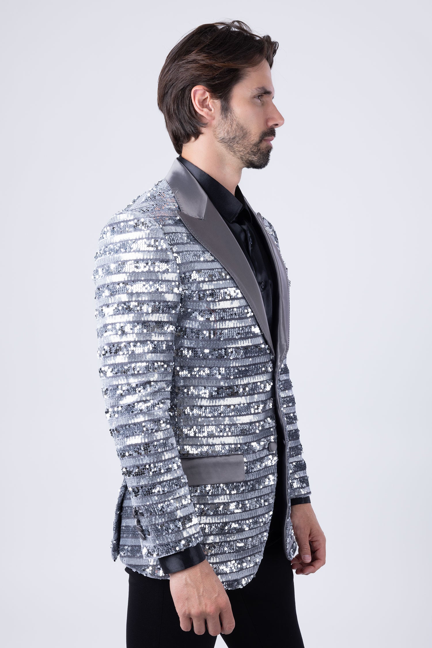 Barabas Men's Shiny Sequin Pattern Long Sleeve Blazer 4BL42 Silver