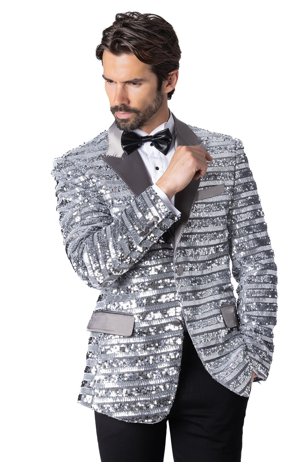 Barabas Men's Shiny Sequin Pattern Long Sleeve Blazer 4BL42 Silver