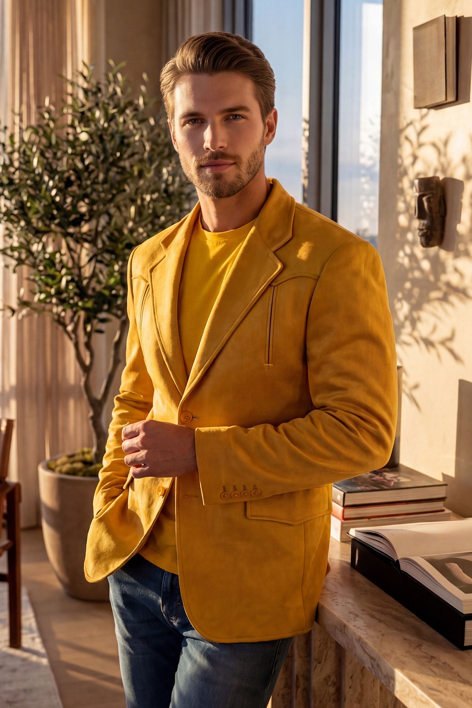 Barabas Men's Velvet Matte Solid Peak Lapel Blazer 4BL56 Yellow
