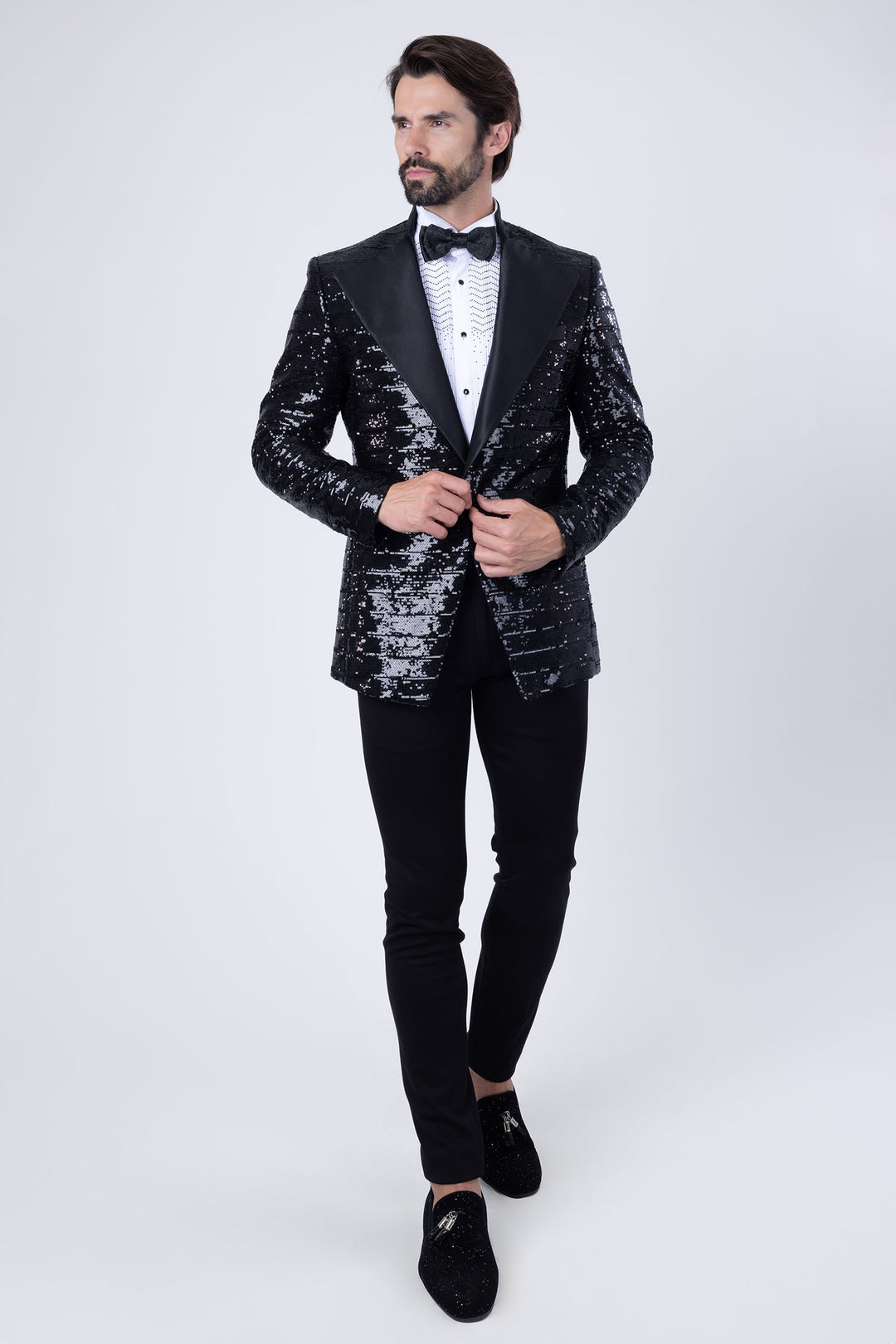 BARABAS Men's Linear Sequin Design Peak Lapel Shiny Blazer 4BLR34 Black