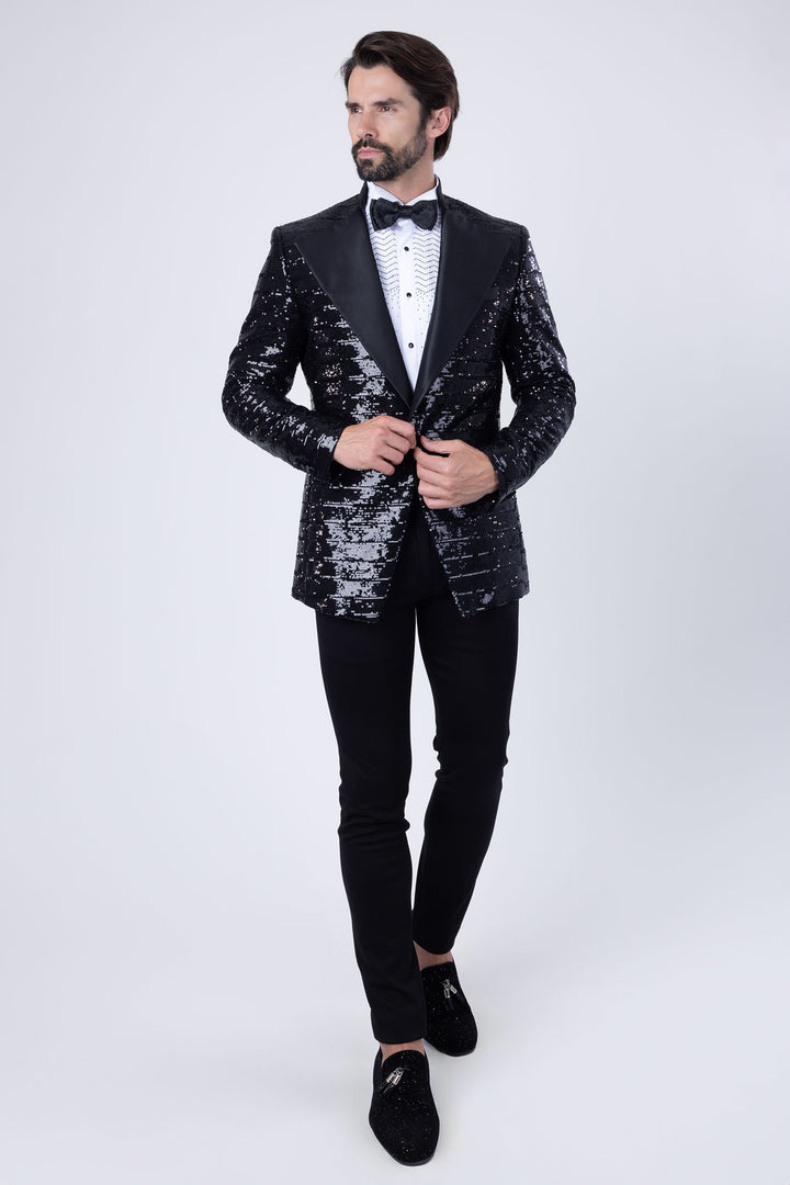 BARABAS Men's Linear Sequin Design Peak Lapel Shiny Blazer 4BLR34 Black