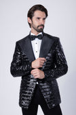 BARABAS Men's Linear Sequin Design Peak Lapel Shiny Blazer 4BLR34 #Color_Black
