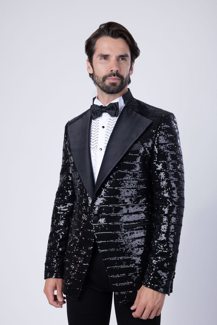 BARABAS Men's Linear Sequin Design Peak Lapel Shiny Blazer 4BLR34 Black