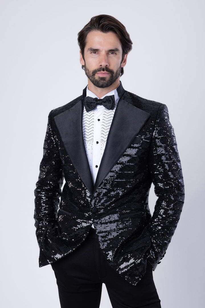 BARABAS Men's Linear Sequin Design Peak Lapel Shiny Blazer 4BLR34 Black