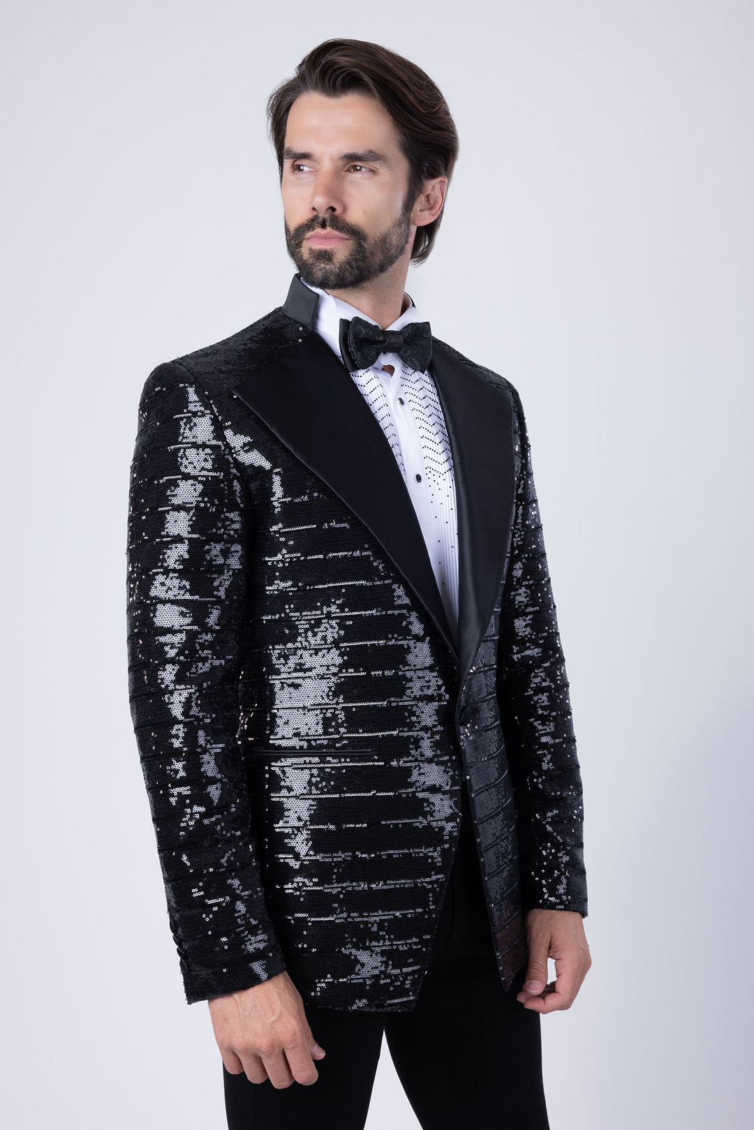 BARABAS Men's Linear Sequin Design Peak Lapel Shiny Blazer 4BLR34 Black