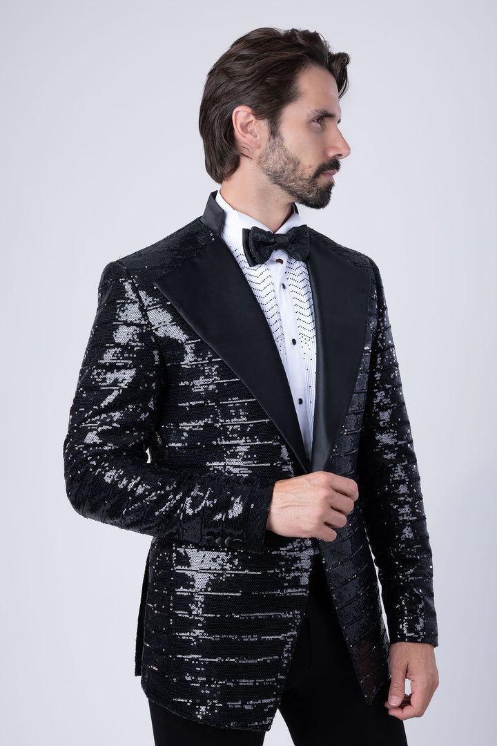 BARABAS Men's Linear Sequin Design Peak Lapel Shiny Blazer 4BLR34 Black