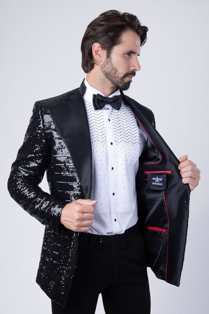 BARABAS Men's Linear Sequin Design Peak Lapel Shiny Blazer 4BLR34 Black