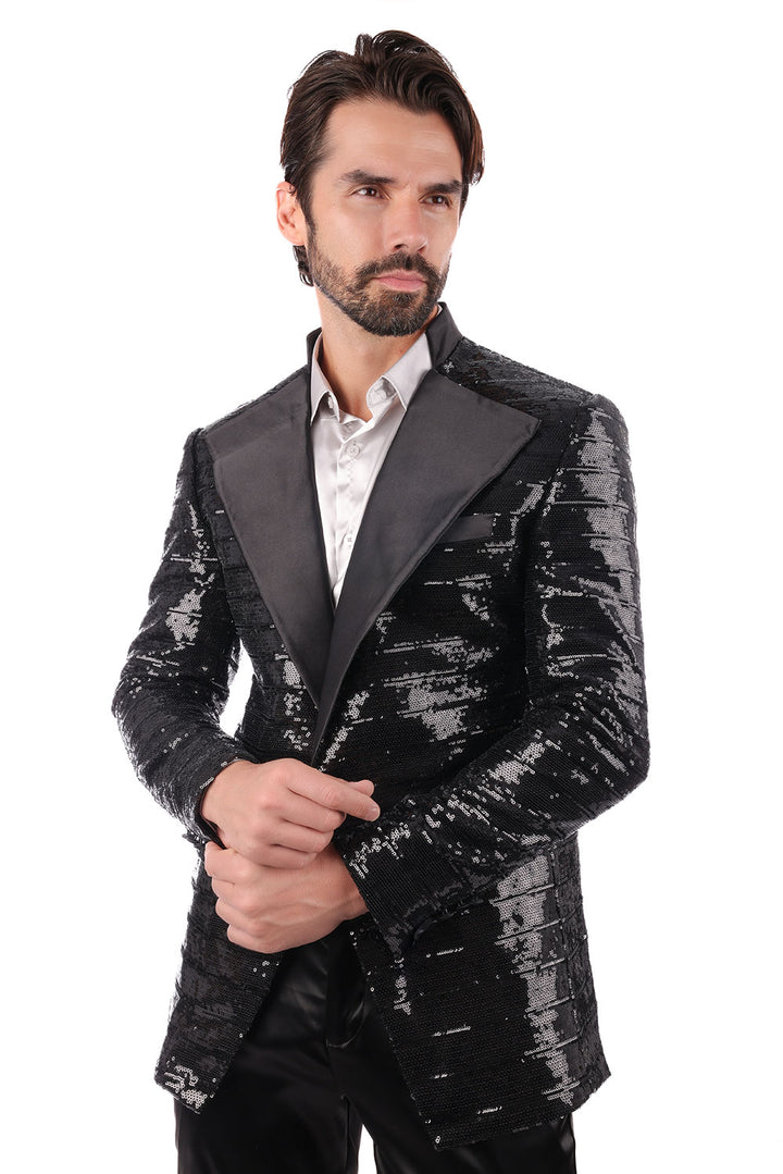 BARABAS Men's Linear Sequin Design Peak Lapel Shiny Blazer 4BLR34 Black