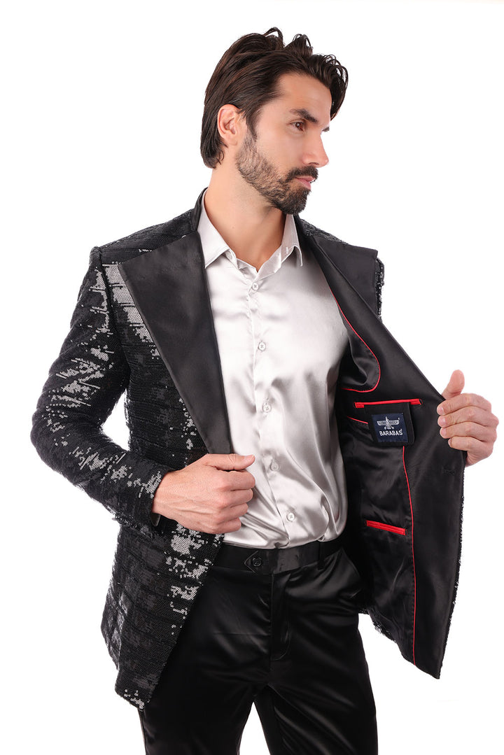 BARABAS Men's Linear Sequin Design Peak Lapel Shiny Blazer 4BLR34 Black