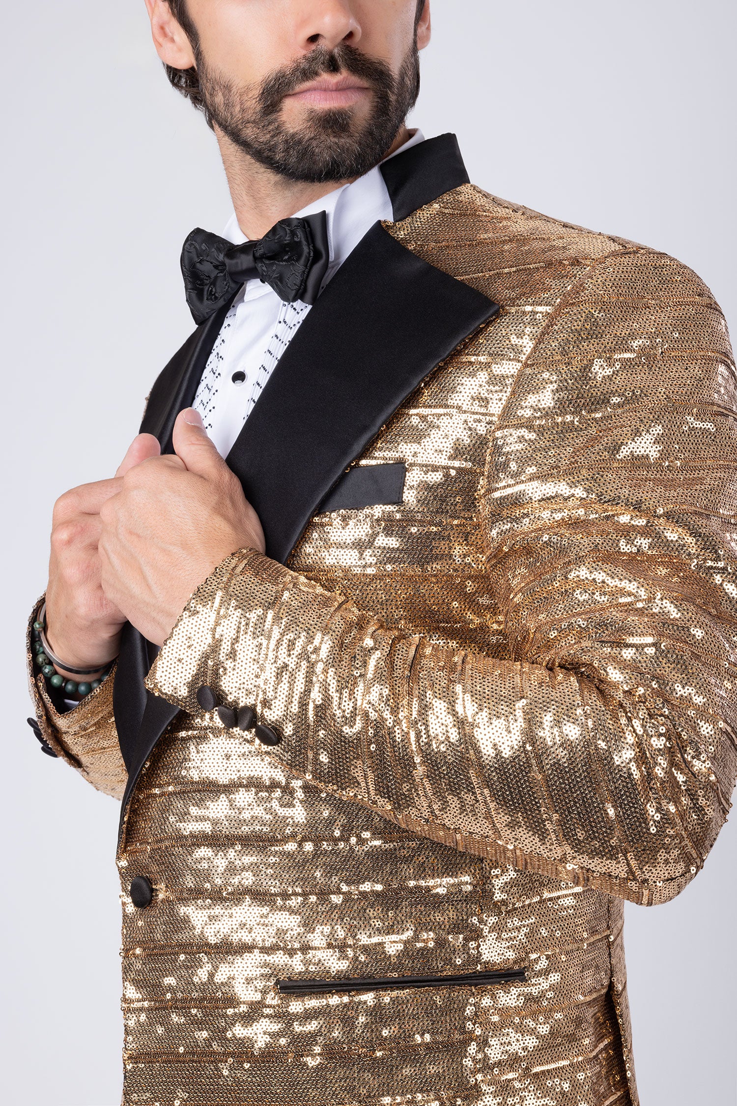 BARABAS Men's Linear Sequin Design Peak Lapel Shiny Blazer 4BLR34 Gold