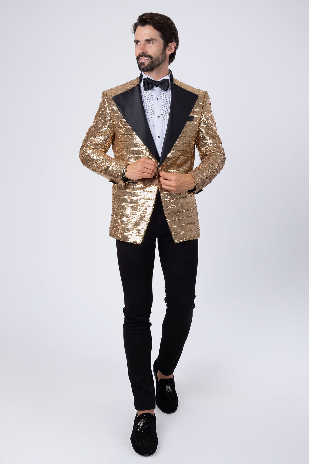 BARABAS Men's Linear Sequin Design Peak Lapel Shiny Blazer 4BLR34 Gold