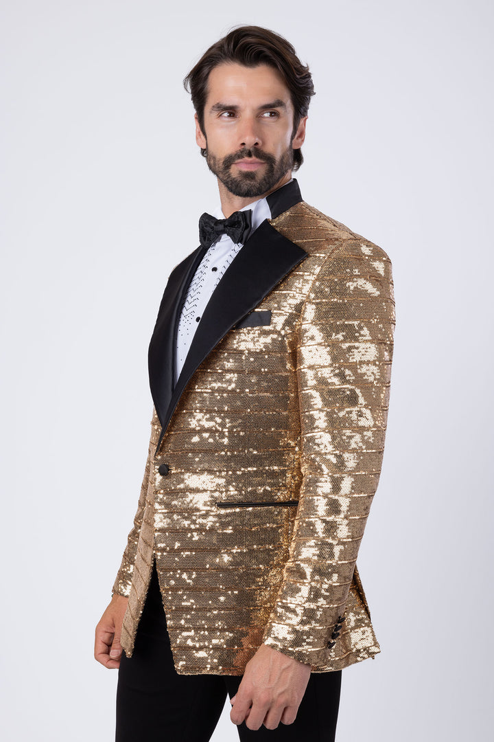 BARABAS Men's Linear Sequin Design Peak Lapel Shiny Blazer 4BLR34 Gold