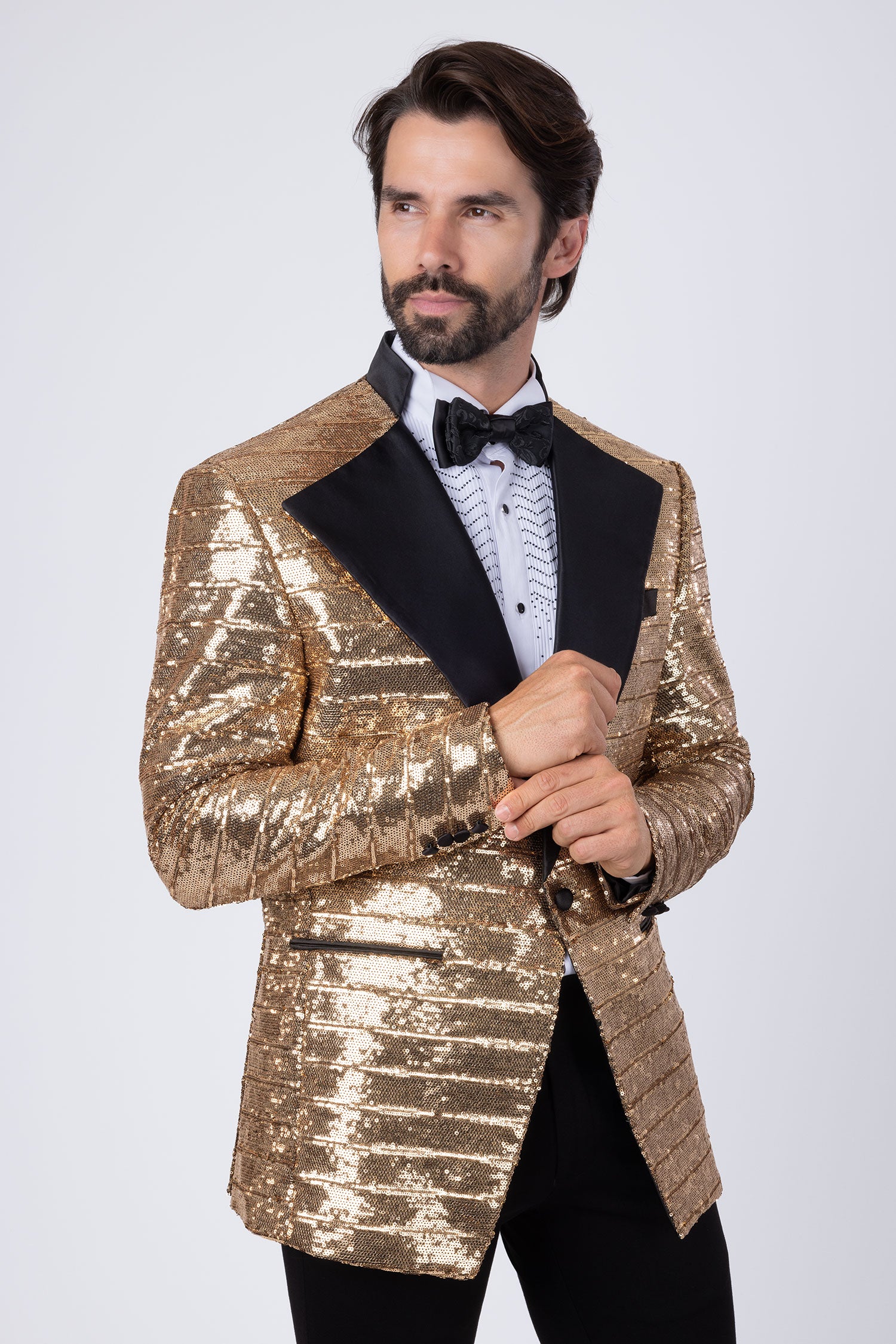 BARABAS Men's Linear Sequin Design Peak Lapel Shiny Blazer 4BLR34 Gold