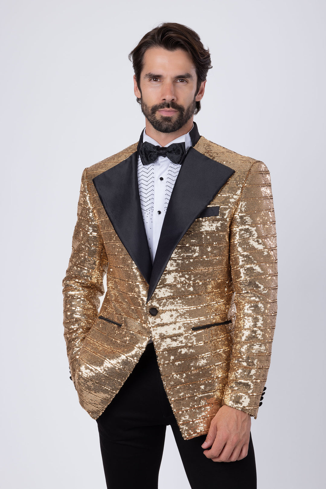 BARABAS Men's Linear Sequin Design Peak Lapel Shiny Blazer 4BLR34 Gold