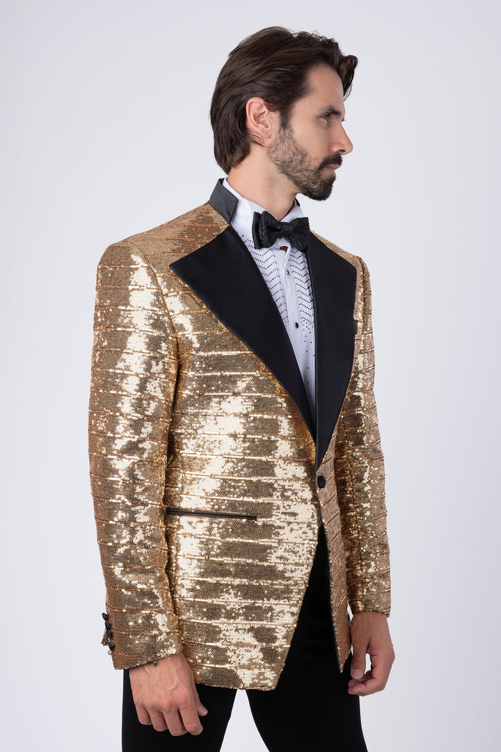 BARABAS Men's Linear Sequin Design Peak Lapel Shiny Blazer 4BLR34 Gold