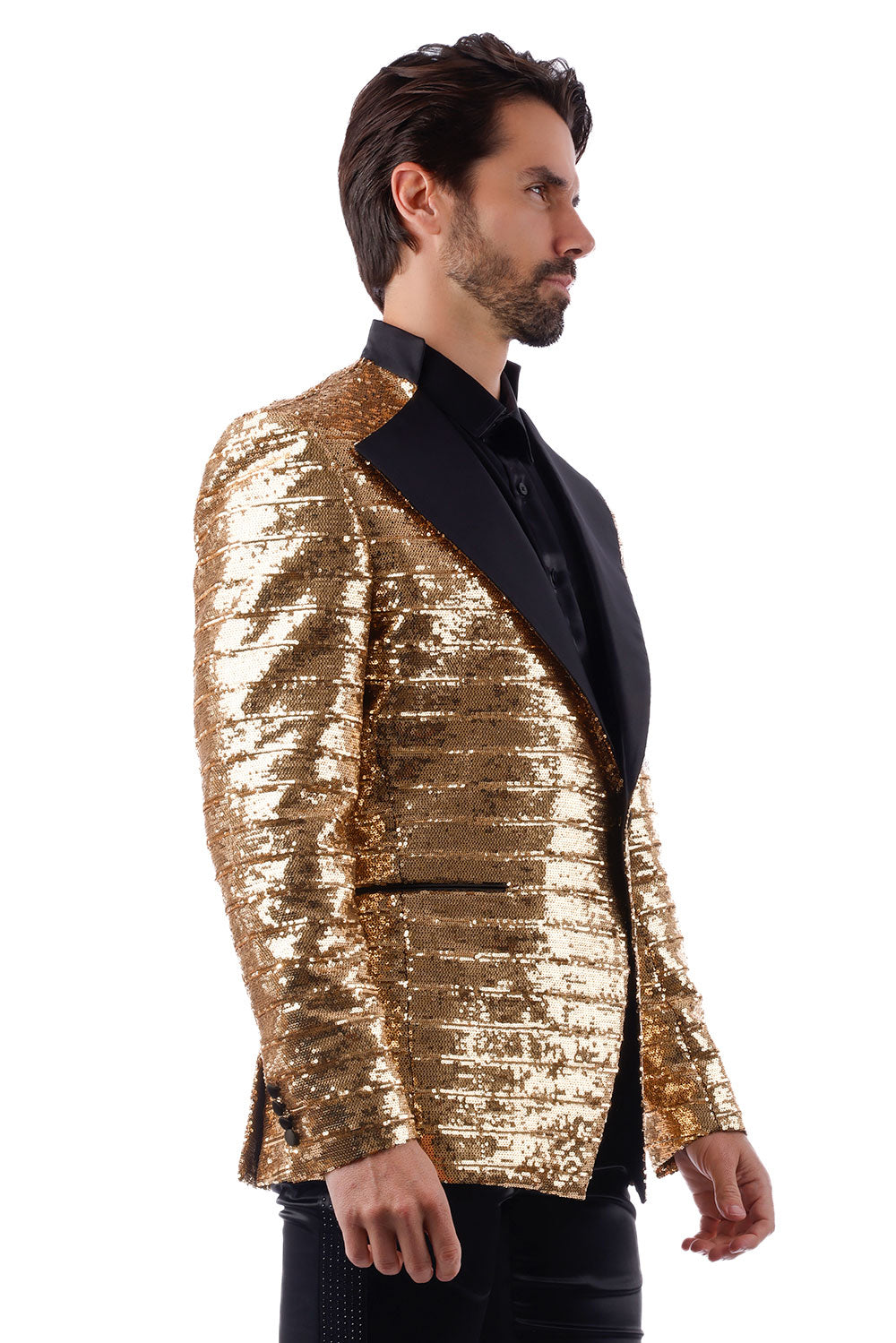 BARABAS Men's Linear Sequin Design Peak Lapel Shiny Blazer 4BLR34 Gold