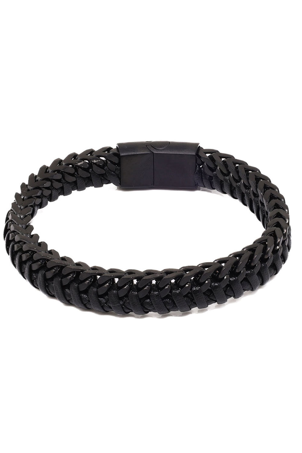 Barabas Unisex Braided Leather Metal Bangle Bracelets 4BMS01 Black Black