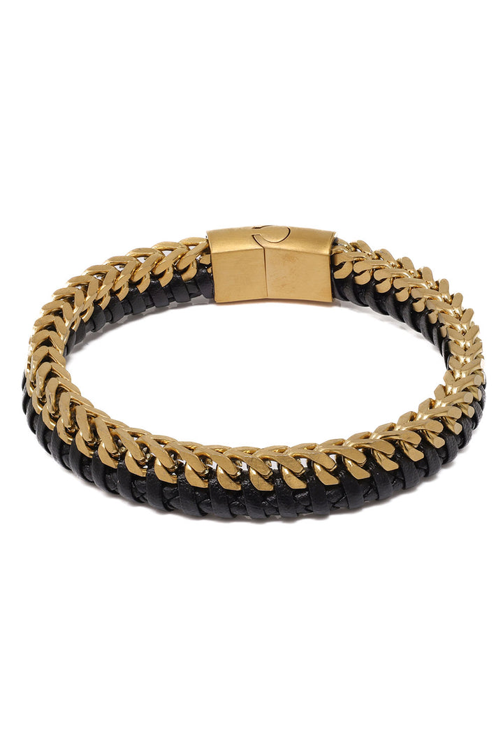 Barabas Unisex Braided Leather Metal Bangle Bracelets 4BMS01 Black Gold