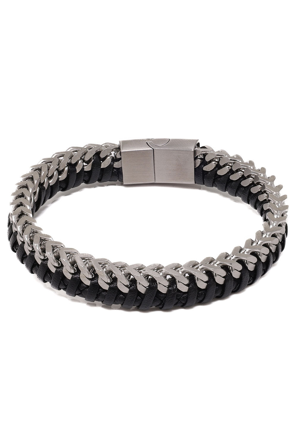 Barabas Unisex Braided Leather Metal Bangle Bracelets 4BMS01 Black Silver