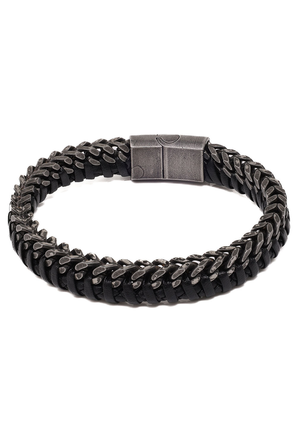 Barabas Unisex Braided Leather Metal Bangle Bracelets 4BMS01 Silver Black