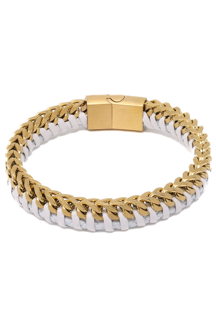 Barabas Unisex Braided Leather Metal Bangle Bracelets 4BMS01 White Gold