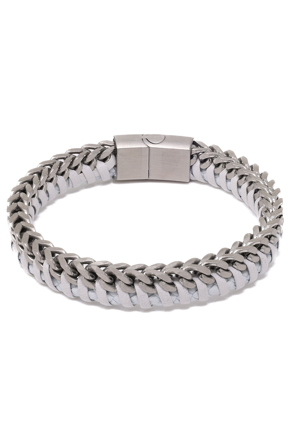 Barabas Unisex Braided Leather Metal Bangle Bracelets 4BMS01 White Silver