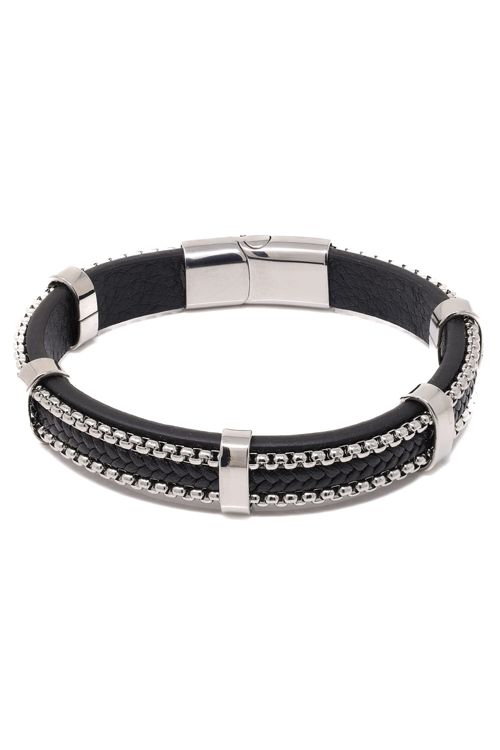 Barabas Unisex Braided Leather and Stones Bangle Bracelets 4BMS02 Black Silver
