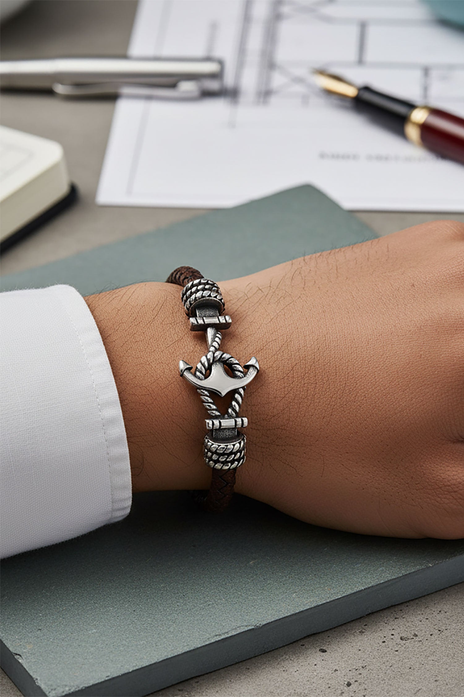 Barabas Unisex Braided Leather Anchor Bangle Bracelets 4BMS03 Brown Silver