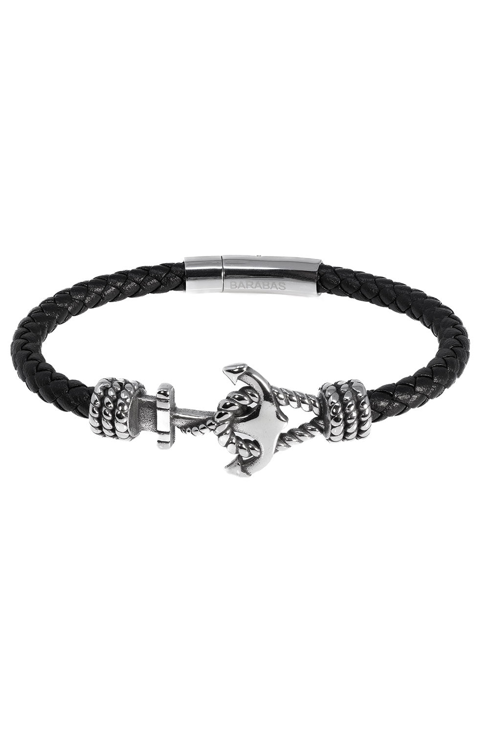 Barabas Unisex Braided Leather Anchor Bangle Bracelets 4BMS03 Black Silver