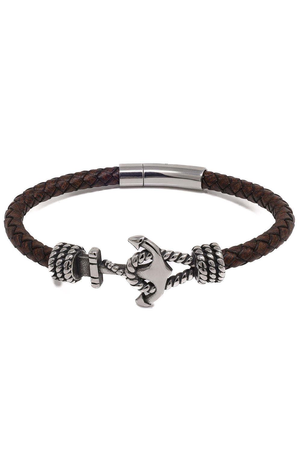 Barabas Unisex Braided Leather Anchor Bangle Bracelets 4BMS03 Brown Silver