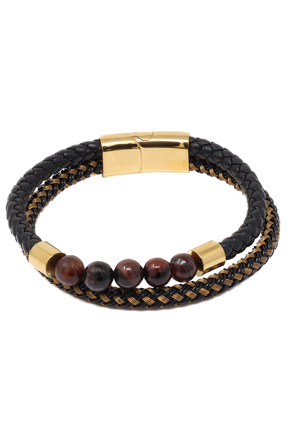 Barabas Unisex Obsidian Stone Braided Leather Bangle Bracelets 4BMS04 Black Gold