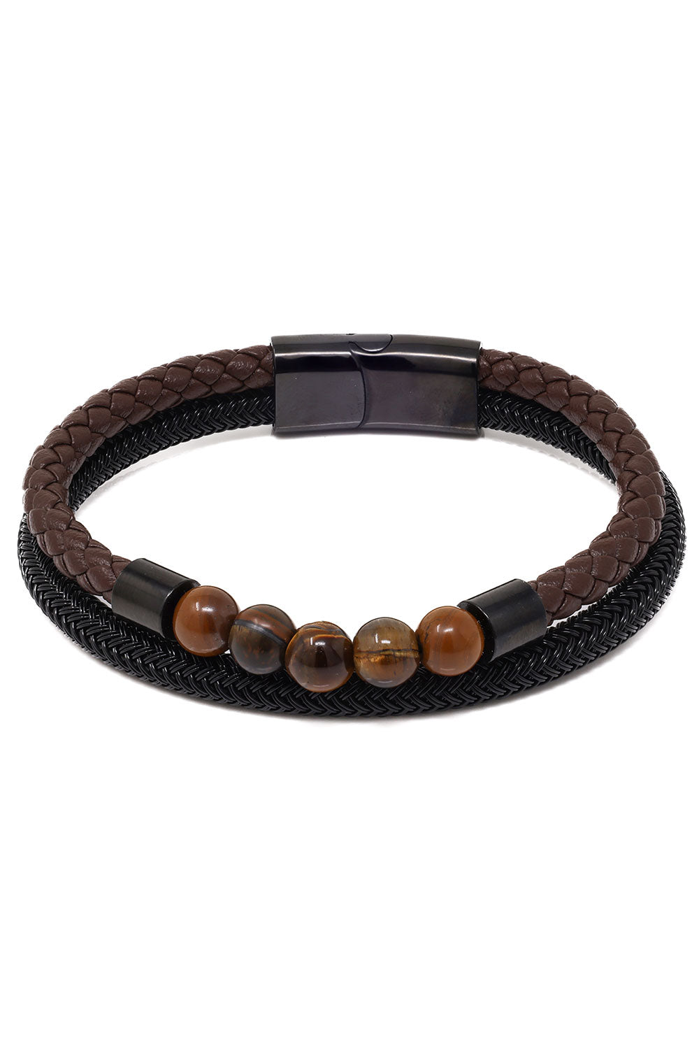 Barabas Unisex Obsidian Stone Braided Leather Bangle Bracelets 4BMS04 Brown Black