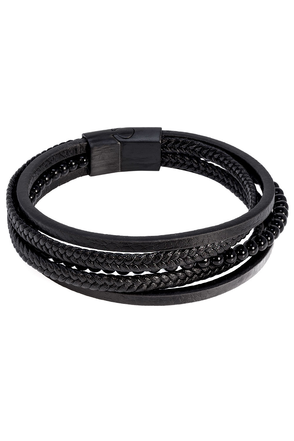 Barabas Unisex Obsidian Multi-Layer Leather Bangle Bracelets 4BMS07 Black