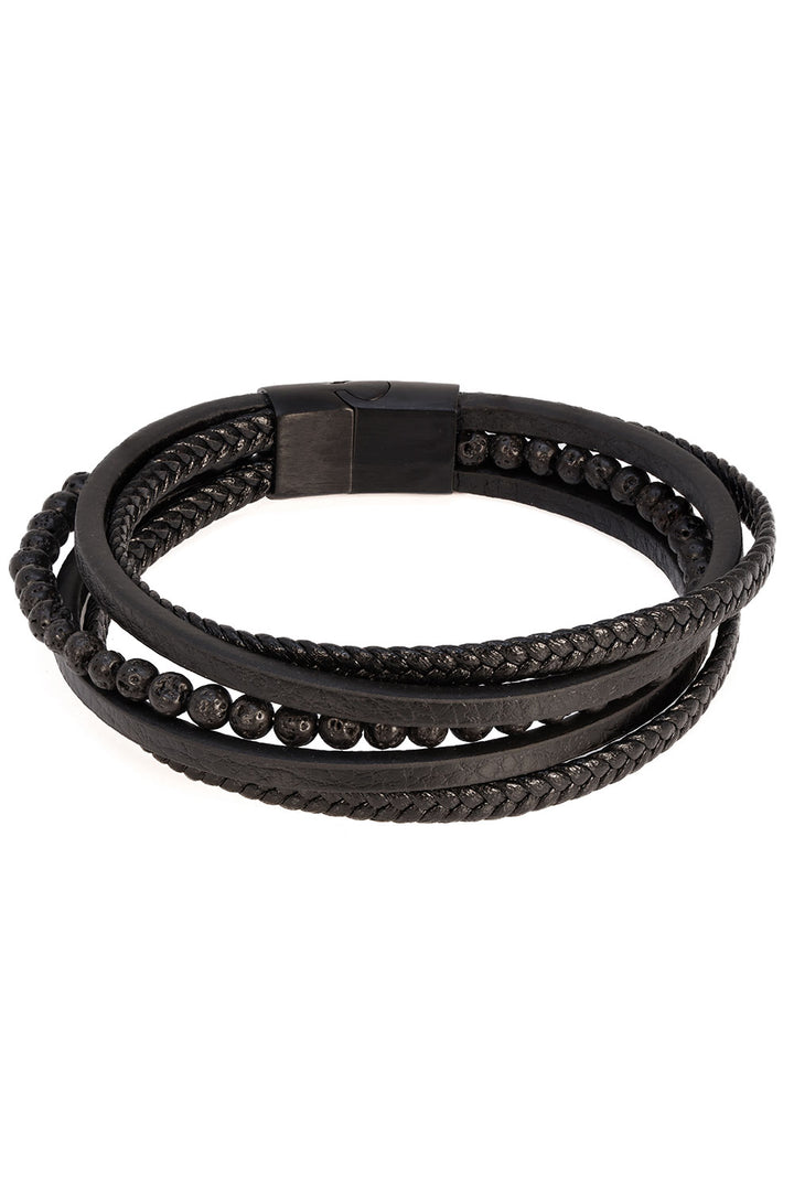 Barabas Unisex Beaded Multi-Layer Leather Magnetic Bracelets 4BMS08 Black Black