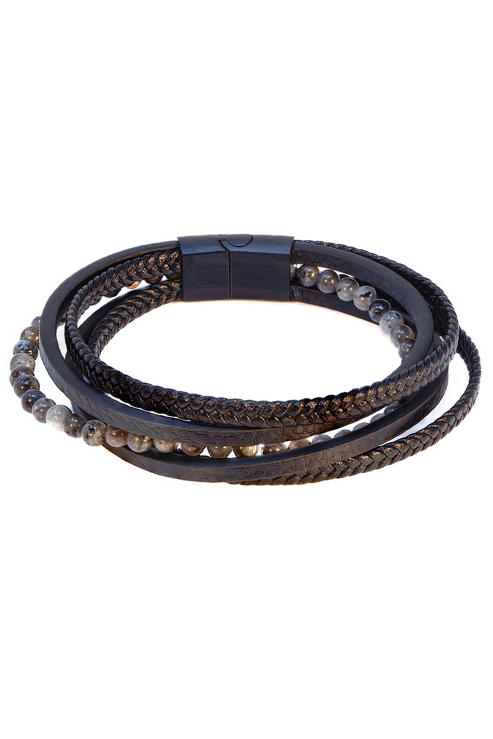 Barabas Unisex Beaded Multi-Layer Leather Magnetic Bracelets 4BMS08 Black Grey