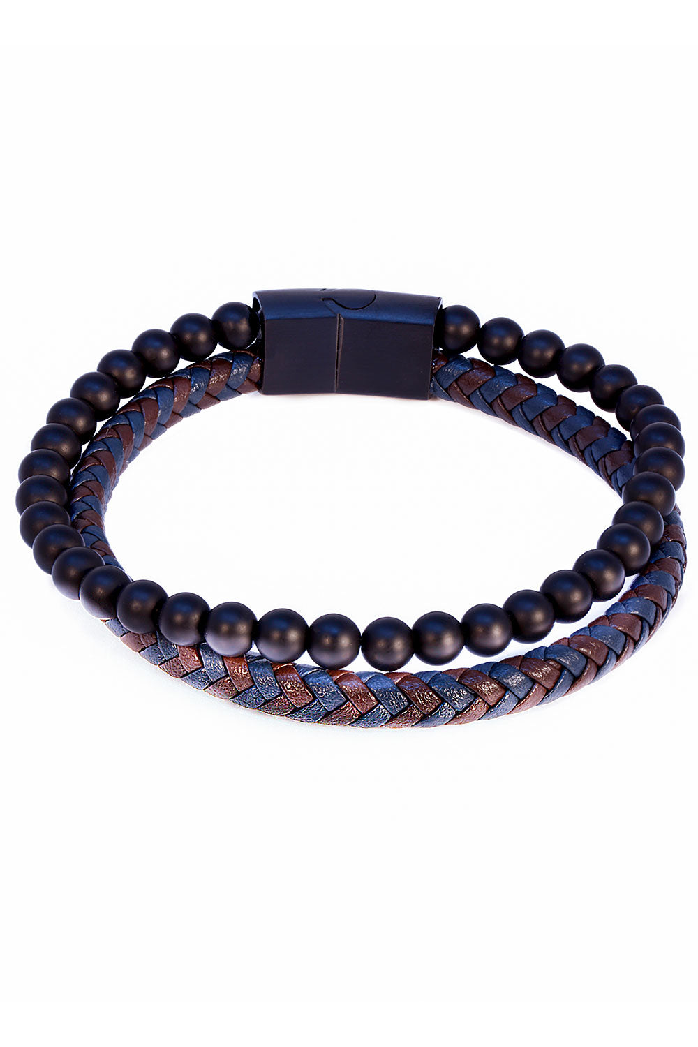 Barabas Unisex Two Color Braided Leather Beaded Bangle Bracelets 4BMS09 Coffee Navy Black