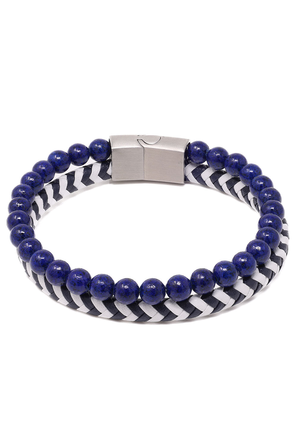 Barabas Unisex Two Color Braided Leather Beaded Bangle Bracelets 4BMS09 White Navy