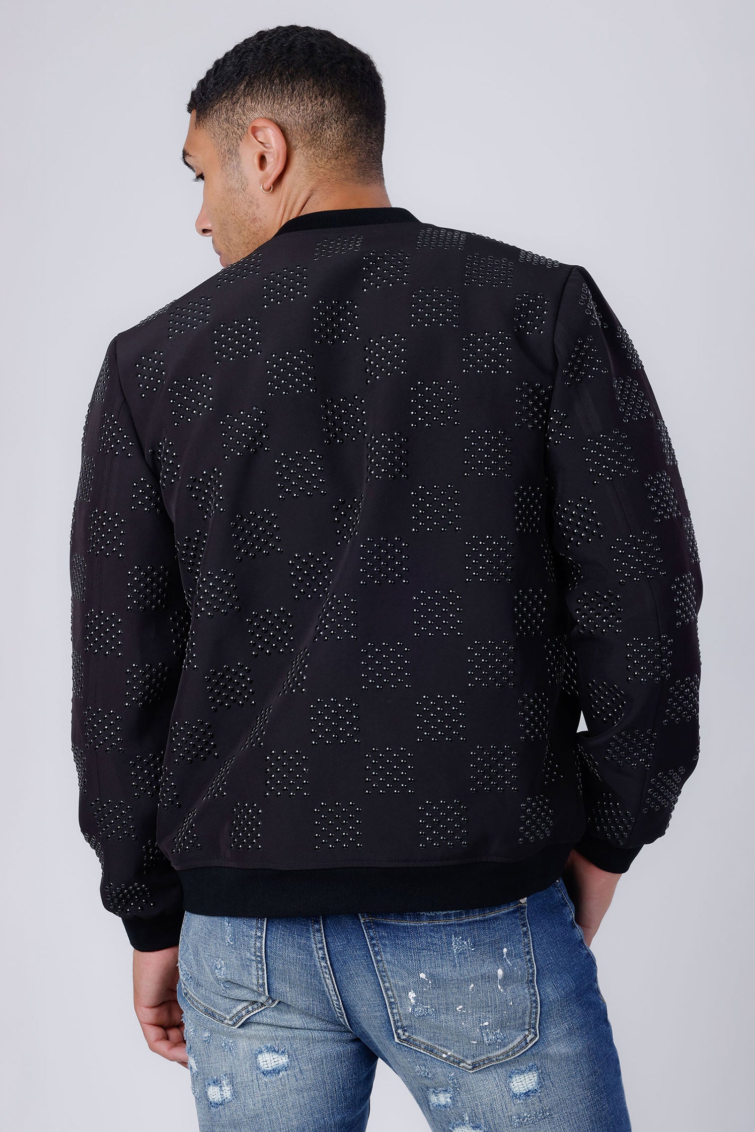 Barabas Men's Zipper Closure Checkered Bomber Jacket 4BPR34 Black