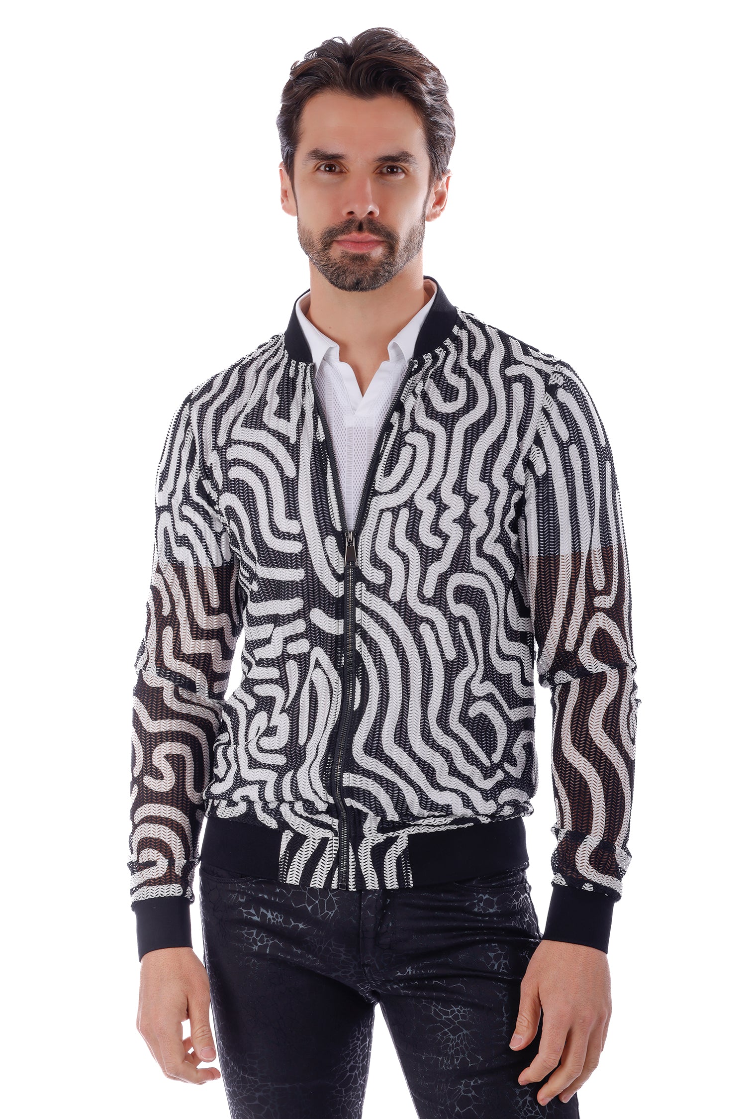 Barabas Men's Geometric See Through Stretch Bomber Jacket 4BPS05 Black White