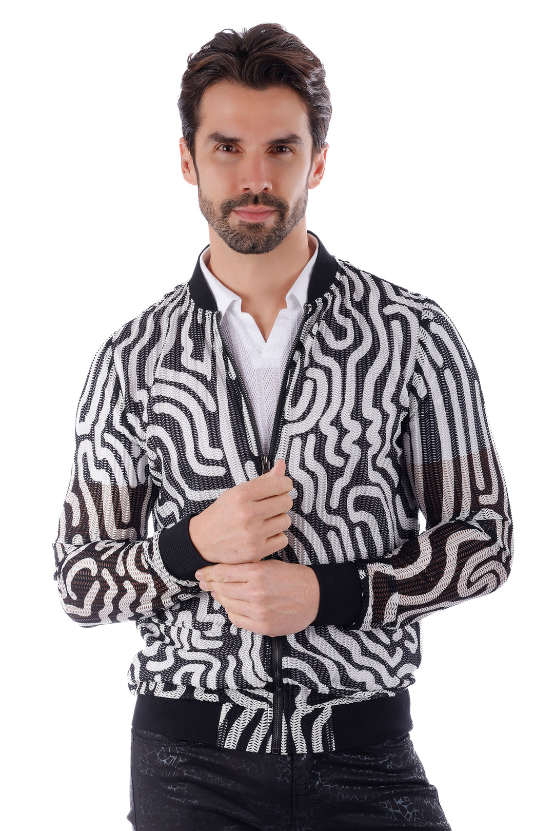 Barabas Men's Geometric See Through Stretch Bomber Jacket 4BPS05 Black White