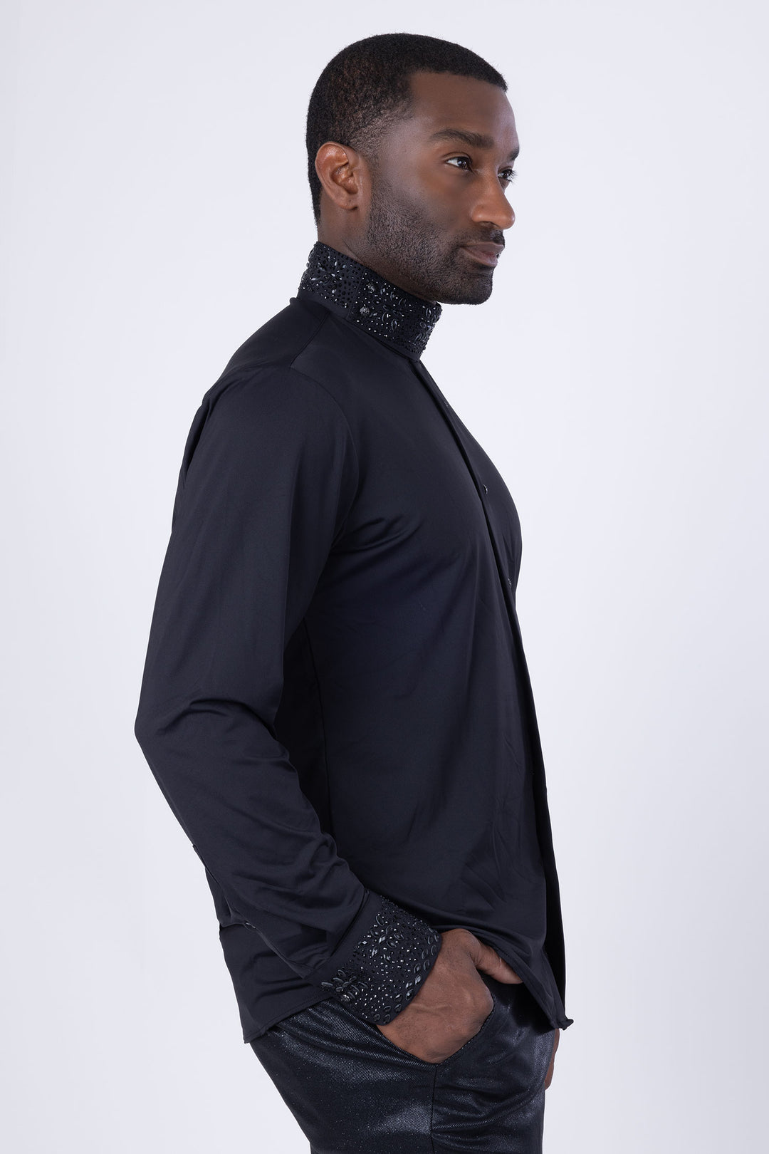 Barabas Men's Turtleneck Rhinestones Collar Long Sleeve Shirts 4BR411 Black