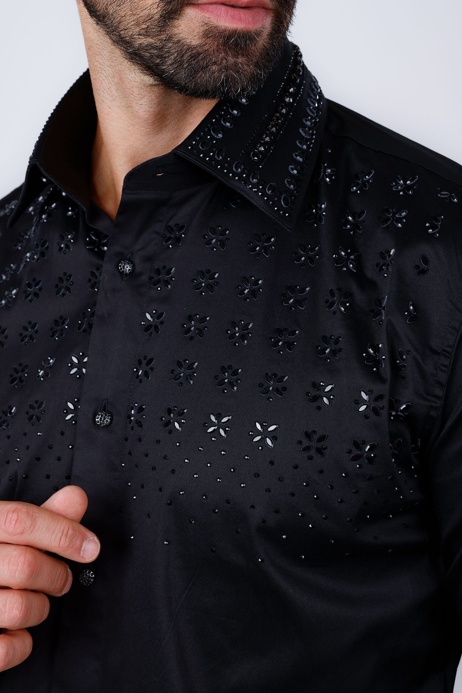 Barabas Men's Rhinestones Button Down Long Sleeve Shirts 4BR412 Black