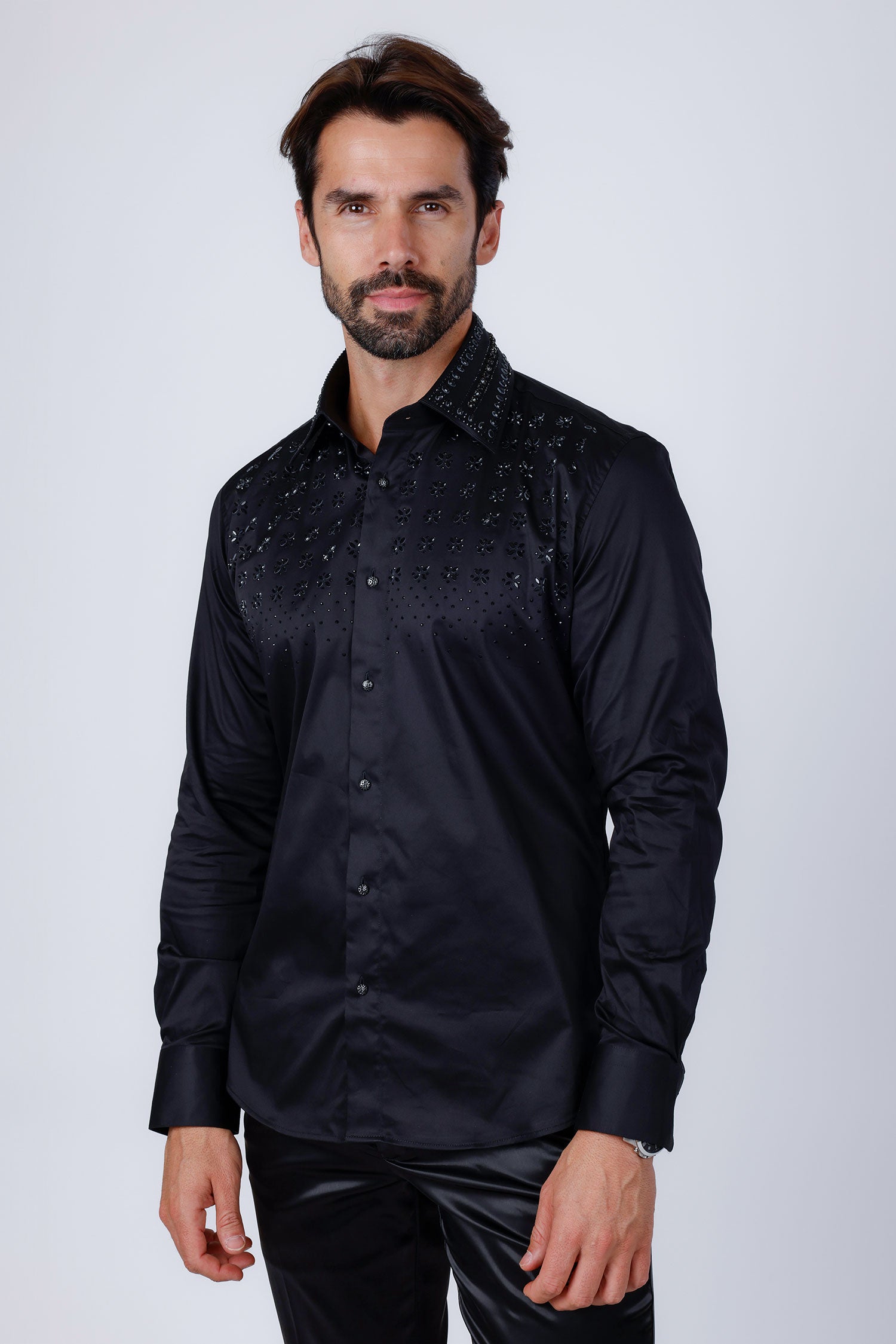 Barabas Men's Rhinestones Button Down Long Sleeve Shirts 4BR412 Black