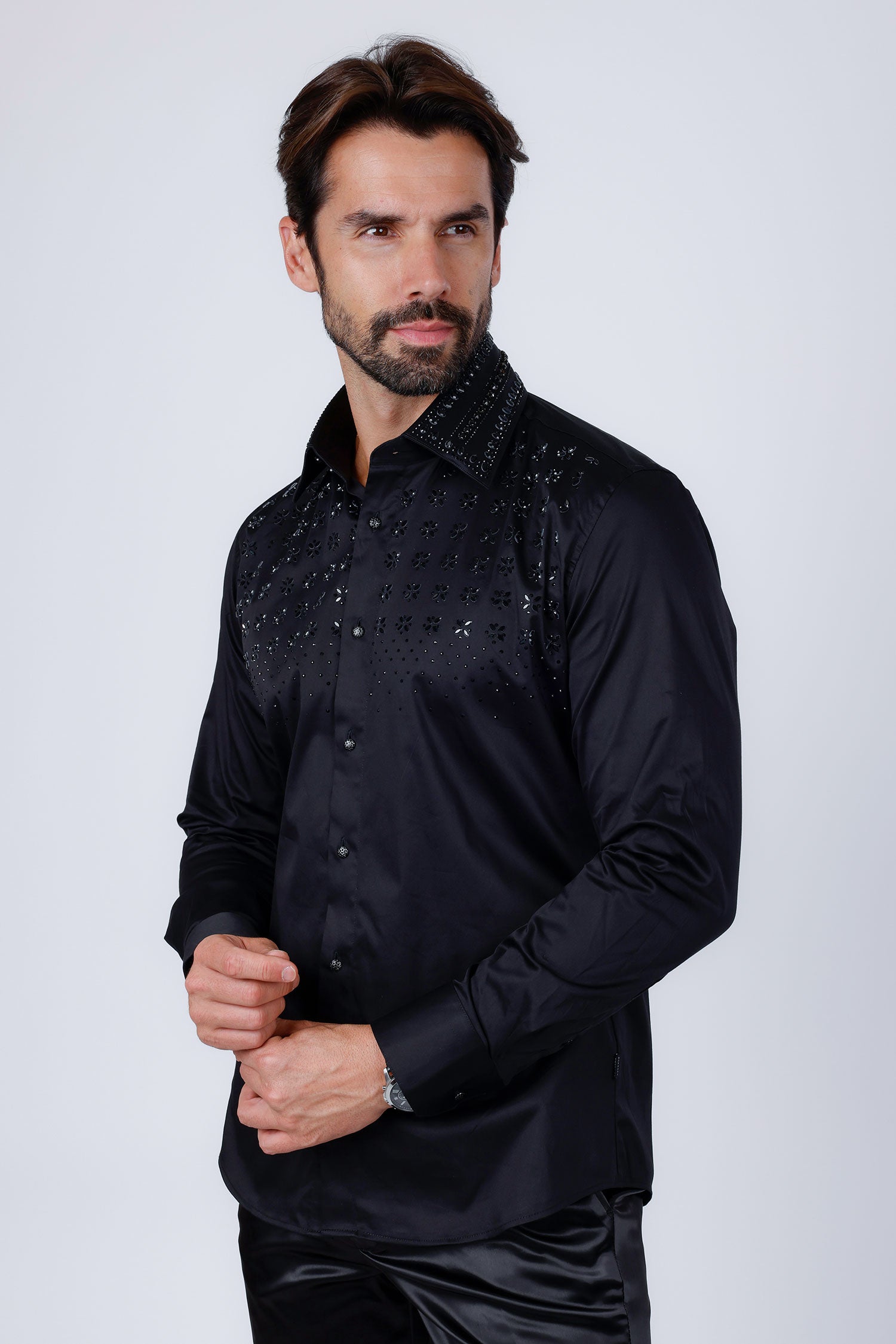 Barabas Men's Rhinestones Button Down Long Sleeve Shirts 4BR412 Black