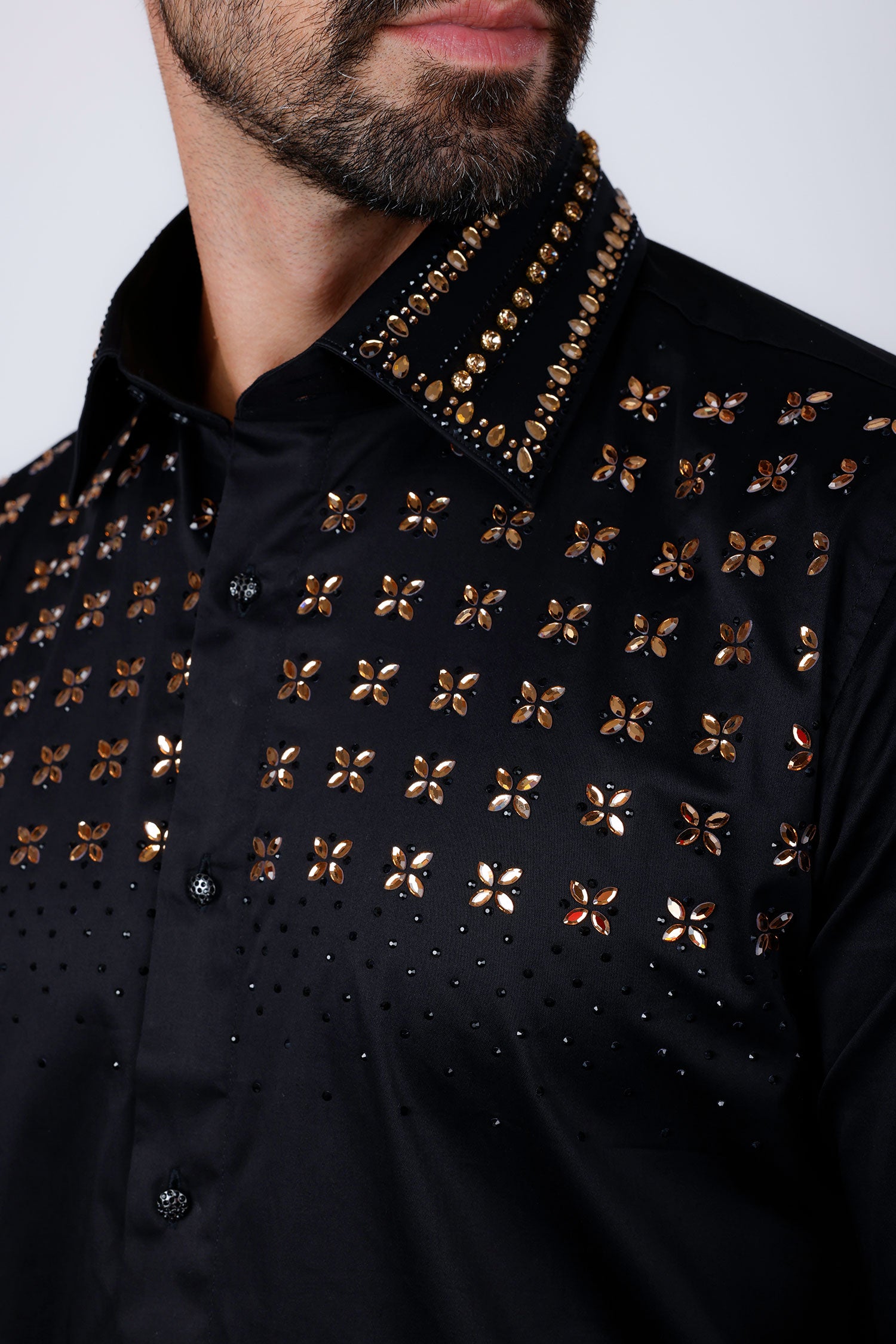 Barabas Men's Rhinestones Button Down Long Sleeve Shirts 4BR412 Black Gold