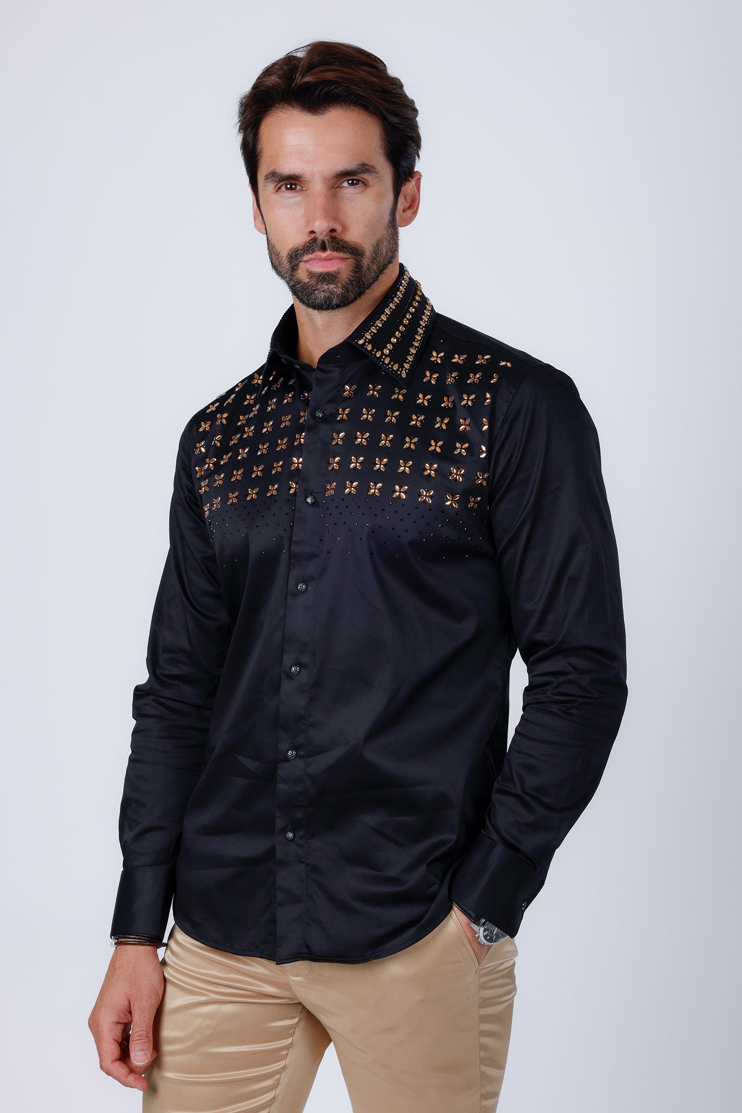 Barabas Men's Rhinestones Button Down Long Sleeve Shirts 4BR412 Black Gold