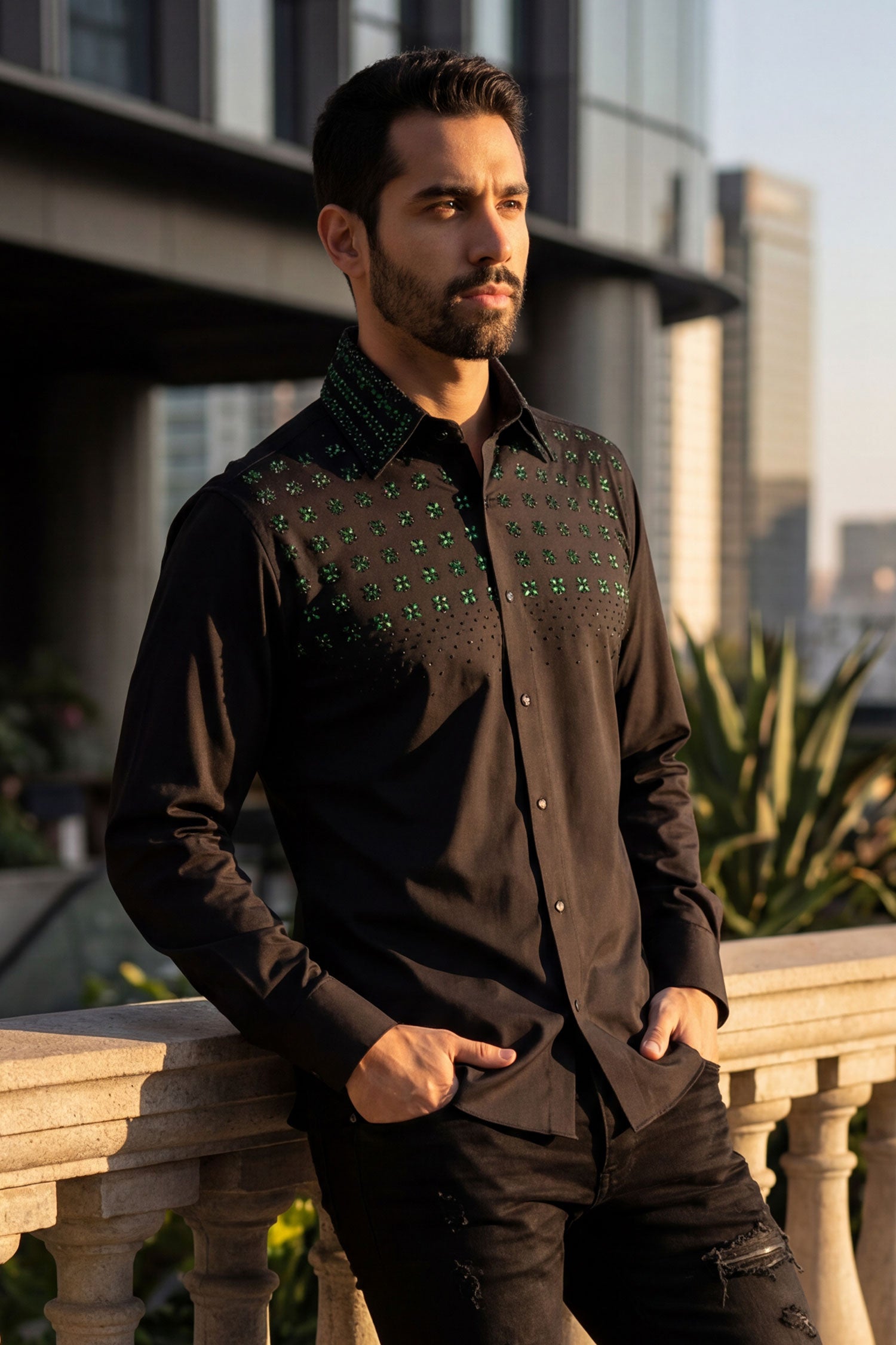 Barabas Men's Rhinestones Button Down Long Sleeve Shirts 4BR412 Black Green